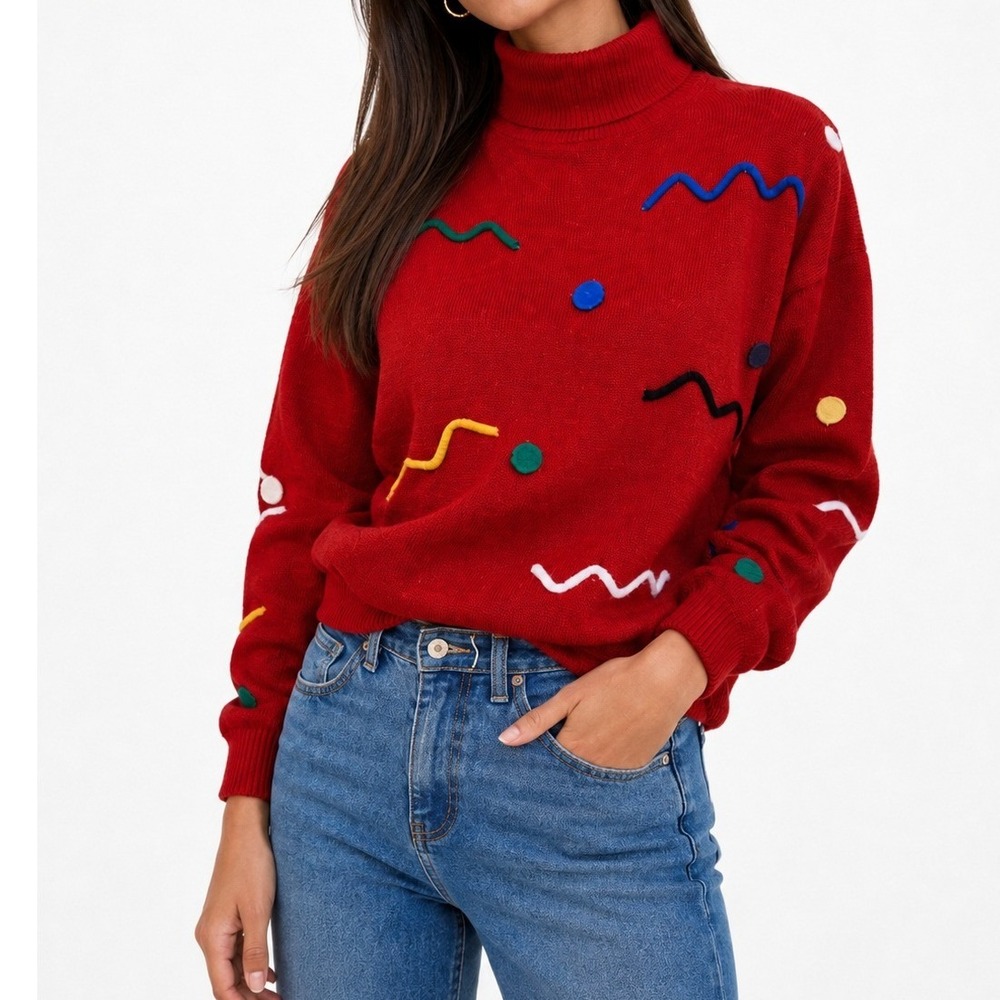 Womens Red Sweater Sz M Vintage Abstract Geometric 80s 90s Retro Turtleneck Knit